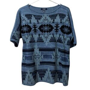 Chaps Denim Sweater Women Size XL Aztec Southwestern Short Sleeve Knit Pullover‎